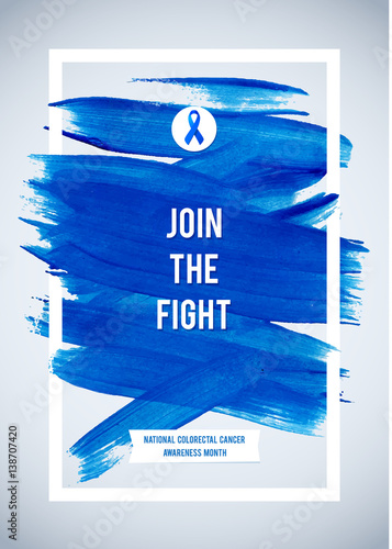 CLORECTAL Cancer Awareness Creative Grey and Blue Poster. Brush Stroke and Silk Ribbon Symbol. National Colon Cancer Awareness Month Banner. Brush Stroke and Text. Medical Vertical Design