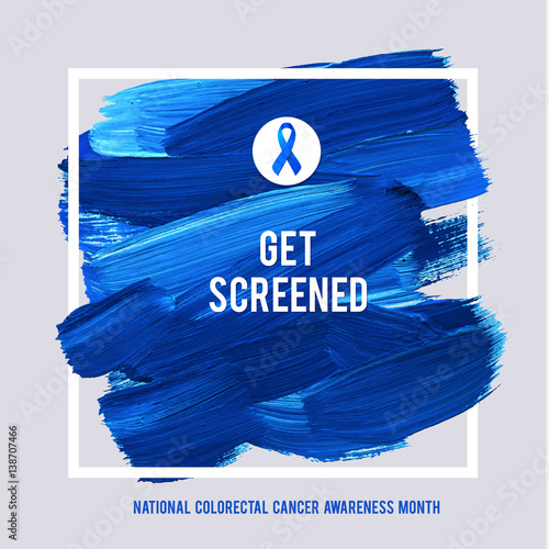 CLORECTAL Cancer Awareness Creative Grey and Blue Poster. Brush Stroke and Silk Ribbon Symbol. National Colon Cancer Awareness Month Banner. Brush Stroke and Text. Medical Square Design
