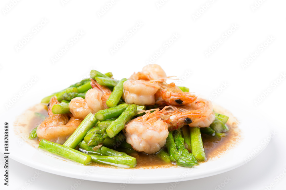 Stir fried Assparagus with Shrimp on white background Stir fried Assparagus with Shrimp on white background