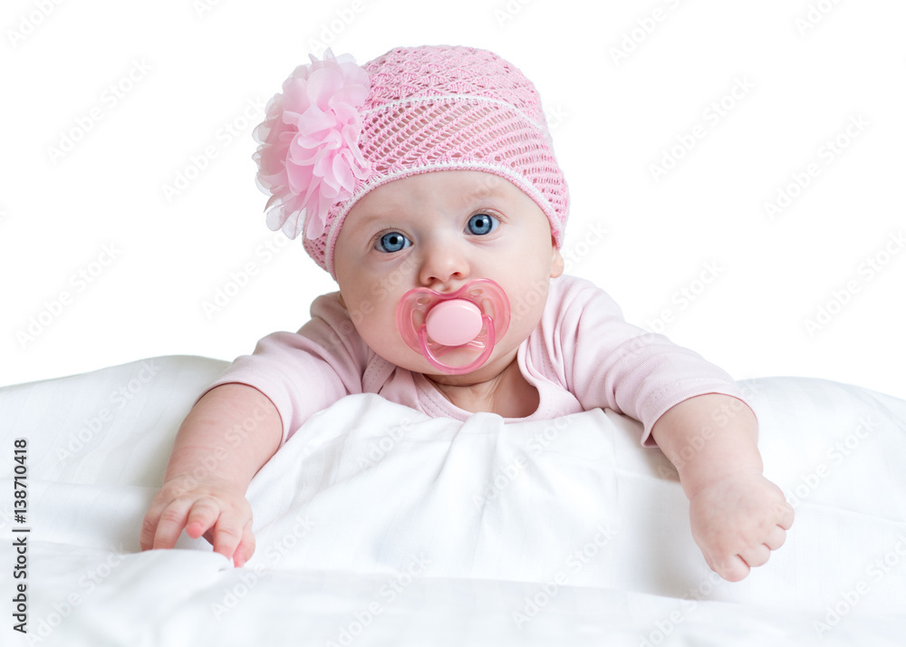 Portrait of three months old adorable baby girl wearing pink hat Portrait of three months old adorable baby girl wearing pink hat