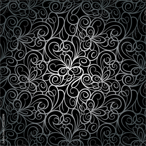 Abstract retro luxury seamless swirl background pattern in vector. Silver lace endless texture.