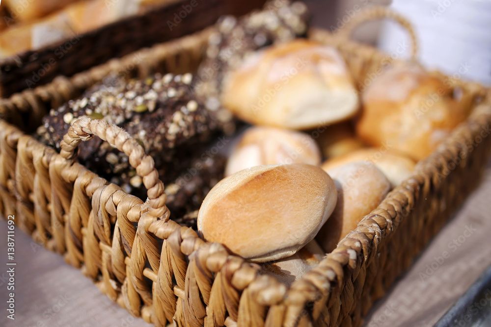 Wicker Woven Basket of Fresh Baked Bread at Farmer's Market