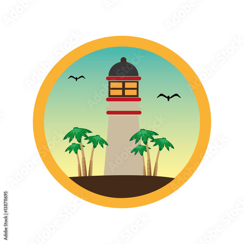 colorful circular frame with lighthouse and palm trees vector illustration