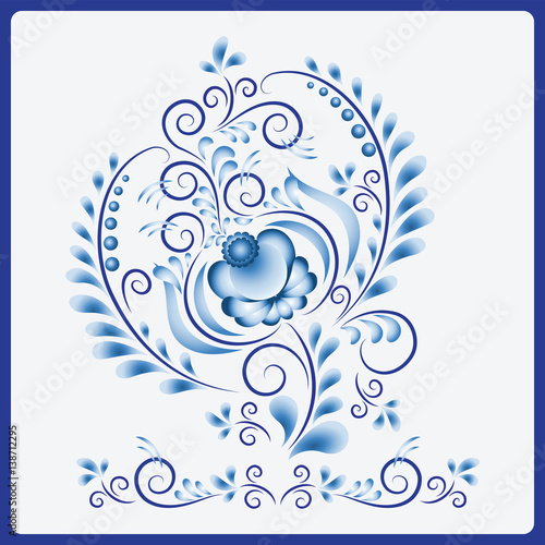 Blue flower. Gzhel. Template design in ethnic style Gzhel porcelain painting with flowers branches and leaves. Vector illustration