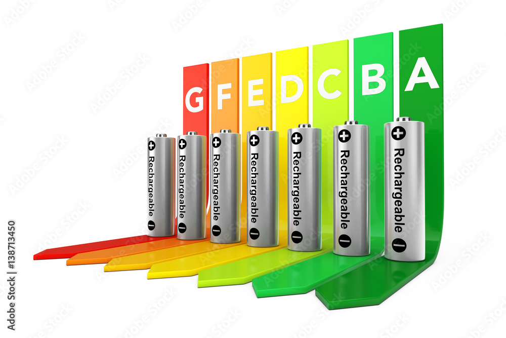 Rechargeable Batteries over Energy Efficiency Rating Chart. 3d Rendering Rechargeable Batteries over Energy Efficiency Rating Chart. 3d Rendering