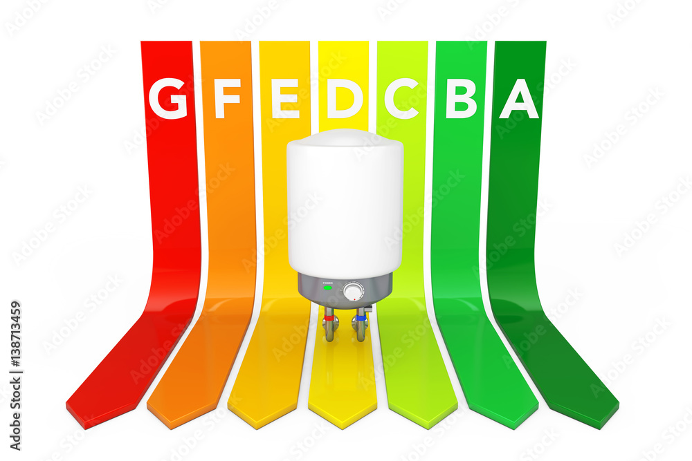 Modern Automatic Water Heater over Energy Efficiency Rating Chart. 3d