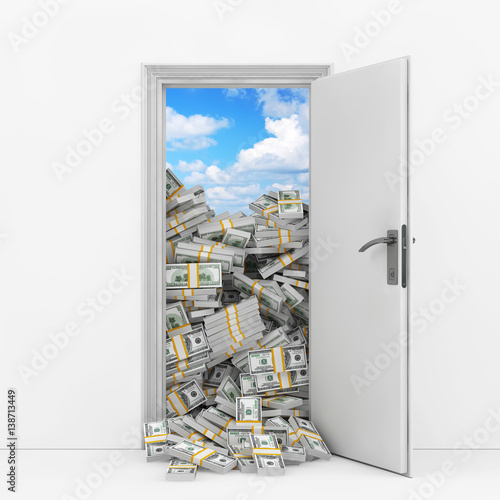 Wealth Concept. Opening Door with Heap of Dollar Bills. 3d Rendering photo