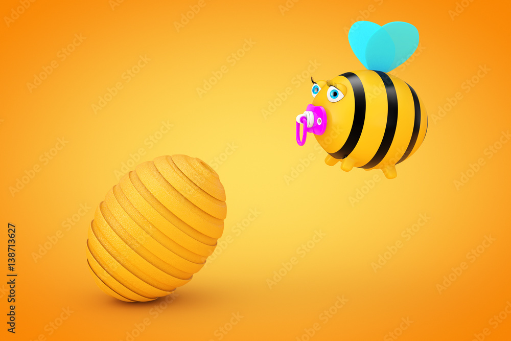 Cartoon Bee in front of Beehive. 3d Rendering