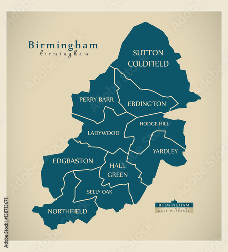 Fotografie, Obraz Modern City Map - Birmingham with labelled boroughs illustration