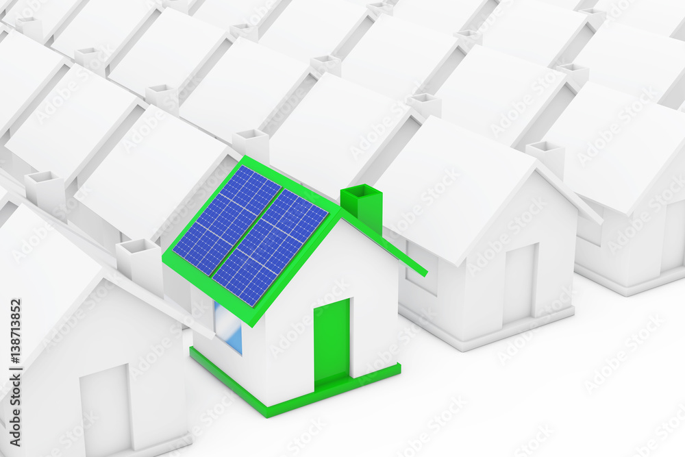 Green House with Blue Solar Panels in among White Houses. 3d Rendering Green House with Blue Solar Panels in among White Houses. 3d Rendering