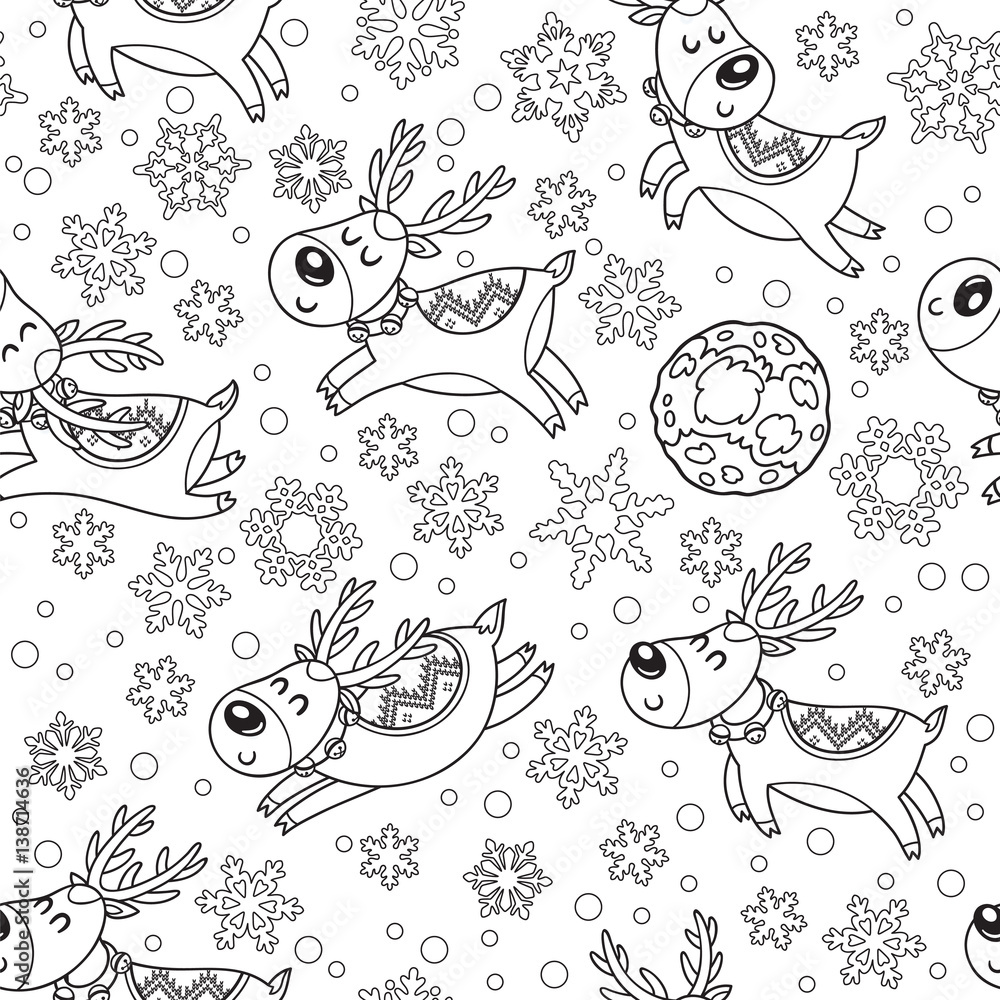 Seamless pattern with Christmas deers in outline