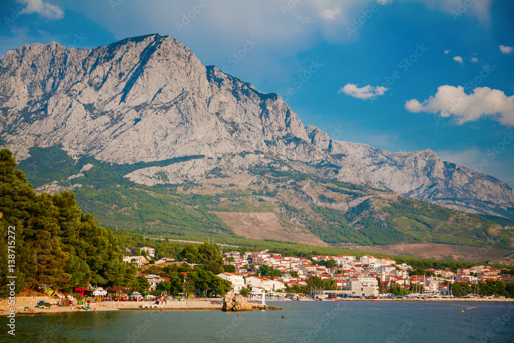 Baska Voda resort with big mountains in the background