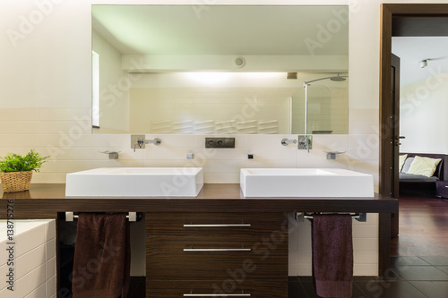 Master bathroom with two sinks and mirror