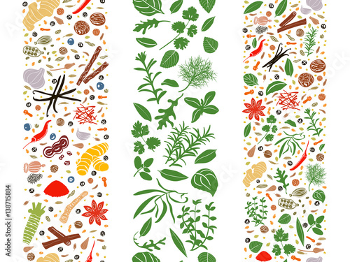 Cooking flat herbs and spices organised in three ribbons