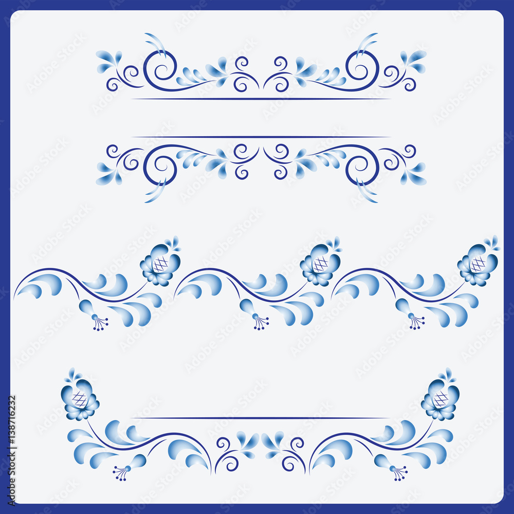 Floral border. Gzhel. Template design in ethnic style Gzhel porcelain painting with flowers branches and leaves. Vector. Floral border. Gzhel. Template design in ethnic style Gzhel porcelain painting with flowers branches and leaves. Vector.