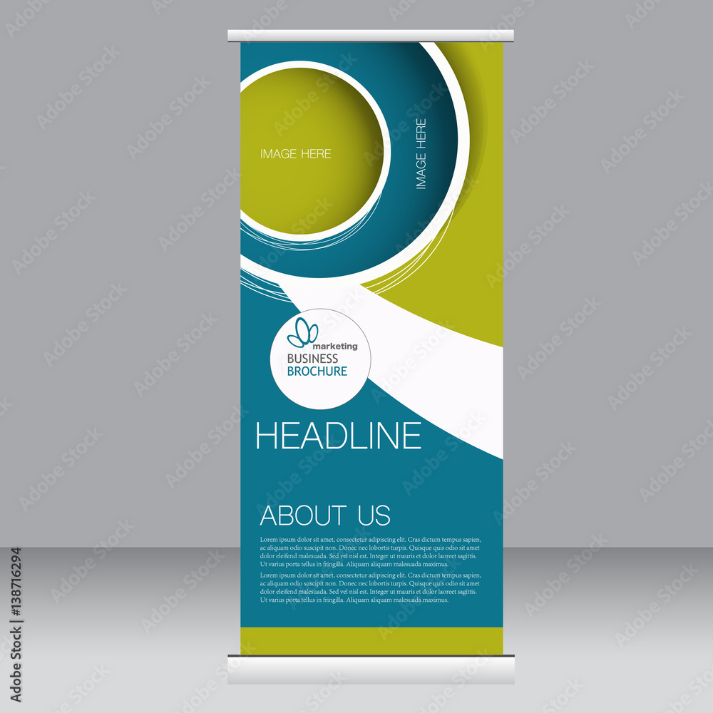 Roll up banner stand template. Abstract background for design, business, education, advertisement. Blue and green color. Vector illustration. Roll up banner stand template. Abstract background for design, business, education, advertisement. Blue and green color. Vector illustration.