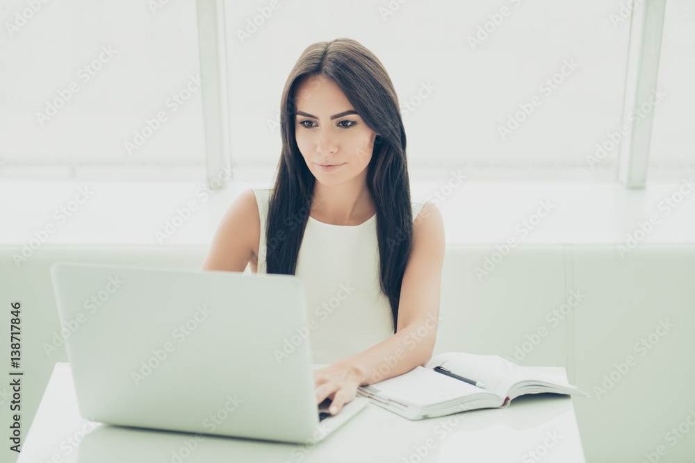 A portrait of beautiful businesswoman sitting at office and working with laptop A portrait of beautiful businesswoman sitting at office and working with laptop