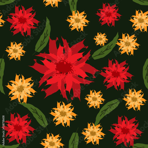 Floral background. Flowers and leaves painted brush strokes. Seamless pattern.