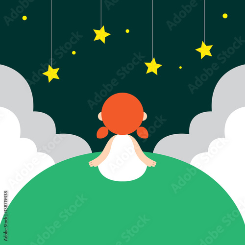 Vector illustration of young girl looking at night sky's star