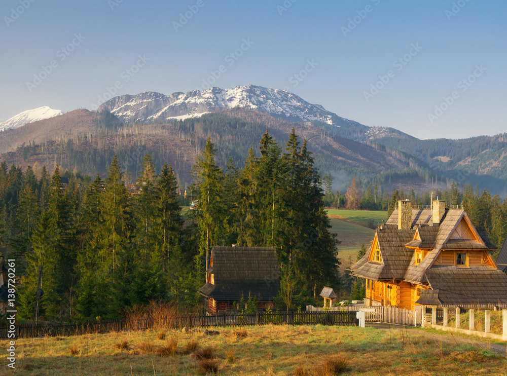 Scenic view of a wonderful valley in the mountains with wooden rural farm house buildings