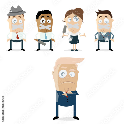 angry politician and journalists with duct tape