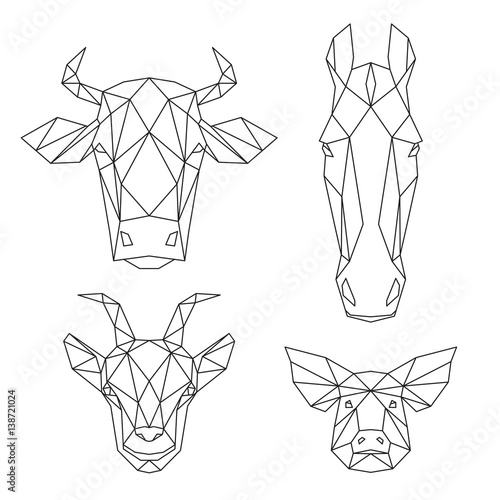 Animali della fattoria, mucca, cavallo, capra, maiale, design polygonale, linee nere sullo sfondo bianco