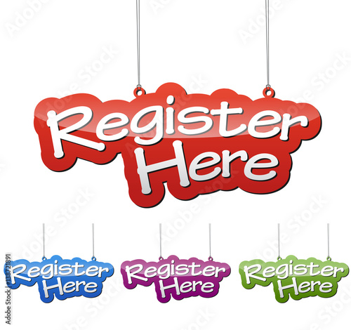 Set vector illustrations isolated tag banner register here in four color variant red, blue, purple and green. This element is wel adapted for web design.