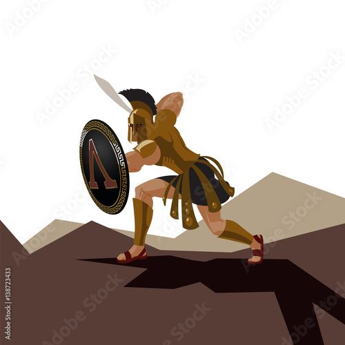 Angry spartan warrior with armor and hoplite shield holding a sword photo