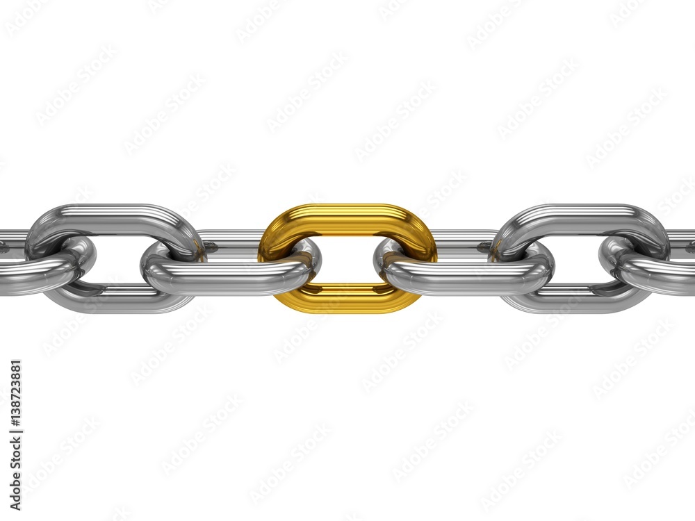 3D rendering Chain with gold link on white background 3D rendering Chain with gold link on white background