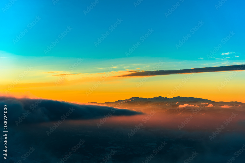Winter sunset in carpathian mountains