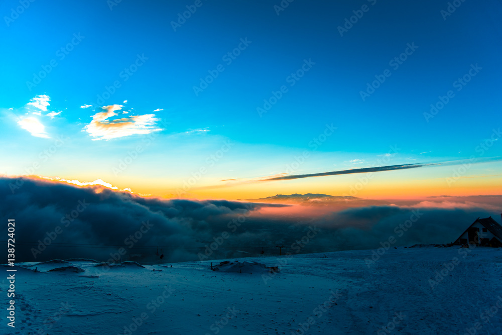 Winter sunset in carpathian mountains