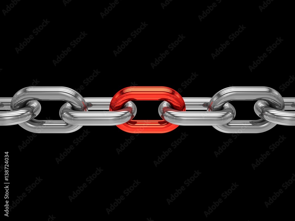 3D rendering Chain with red link on black background 3D rendering Chain with red link on black background