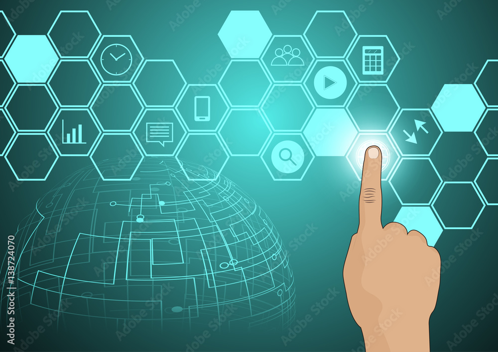 Hand touch with hexagon icon display technology concept background No.1 Hand touch with hexagon icon display technology concept background No.1