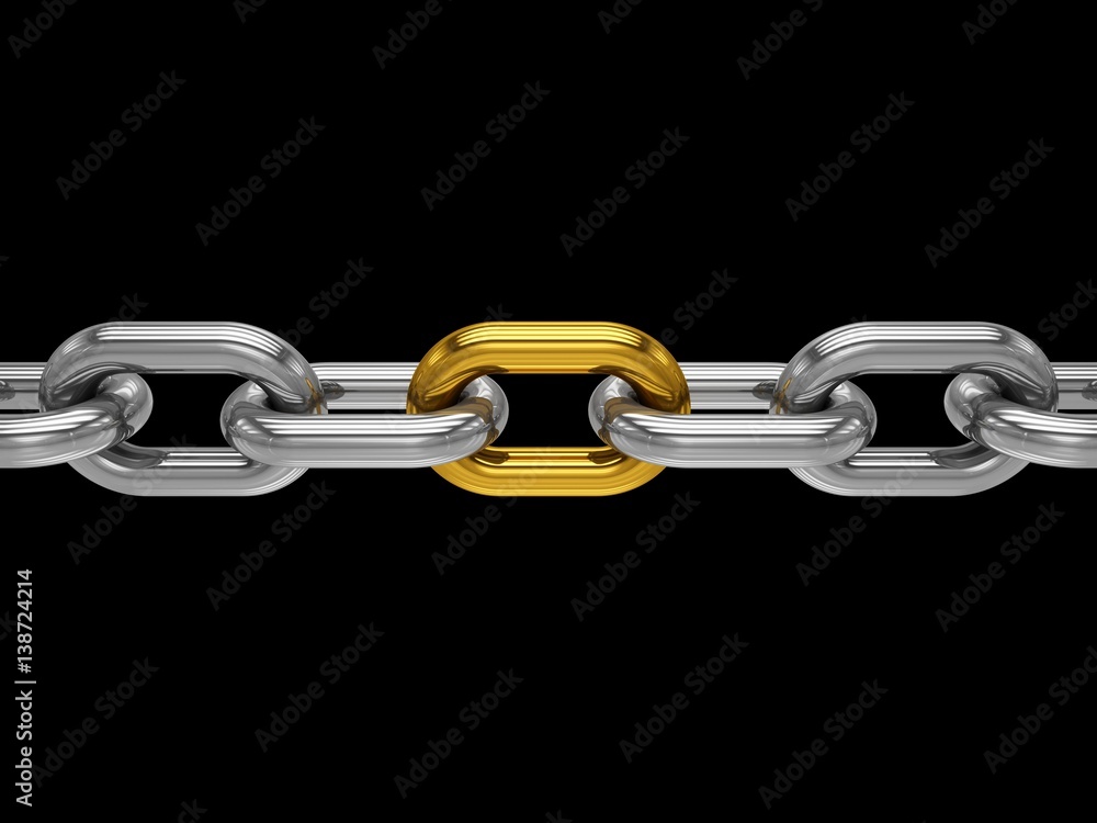 3D rendering Chain with gold link on black background 3D rendering Chain with gold link on black background