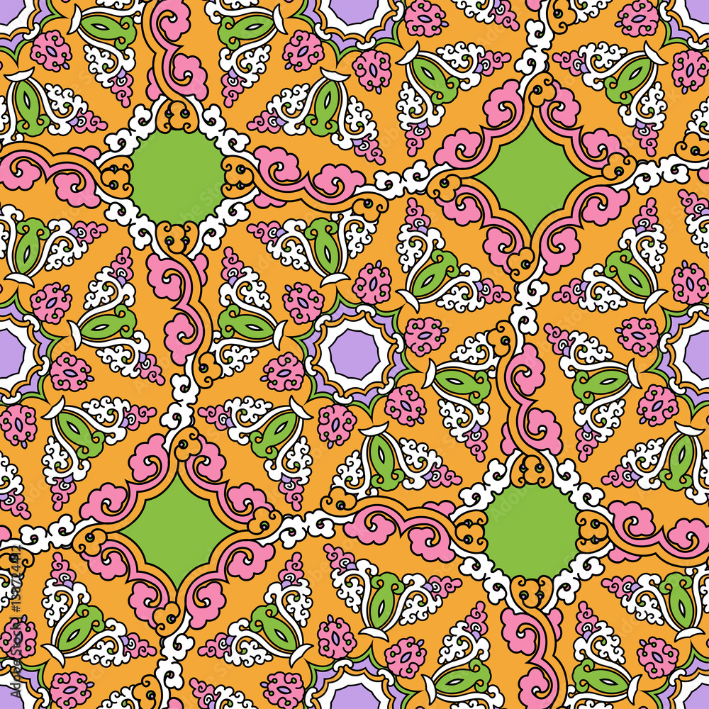 Vector abstract seamless patchwork pattern. Arabic tile texture with geometric and floral ornaments. Decorative elements for textile, book covers, print, gift wrap. Vintage boho style.
