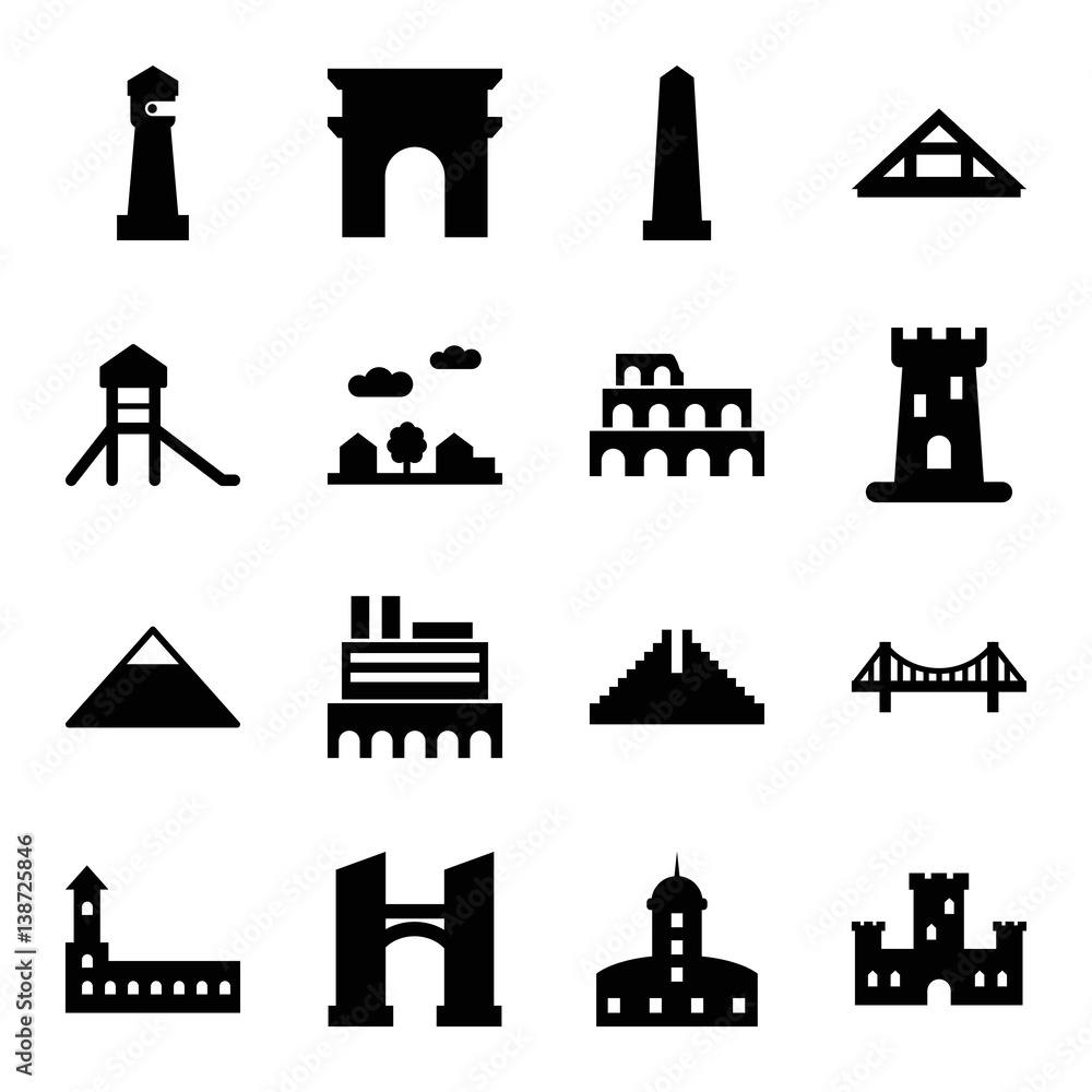 Set of 16 landmark filled icons Set of 16 landmark filled icons