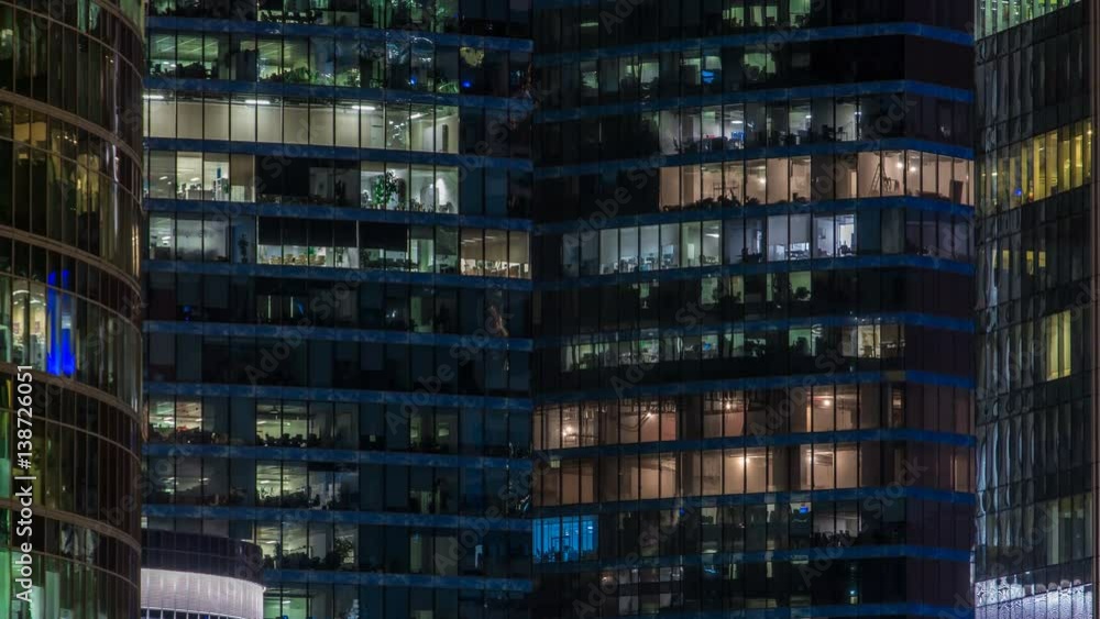 Close up view to office windows in Skyscrapers Moscow-City at night timelapse from top, Moscow, Russia 4K Close up view to office windows in Skyscrapers Moscow-City at night timelapse from top, Moscow, Russia 4K