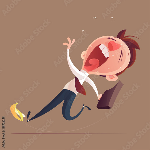 Businessman hold bag slipping on a banana peel, Business concept illustration.