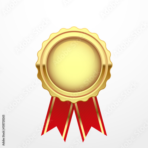 Gold medal with red ribbon, isolated on white