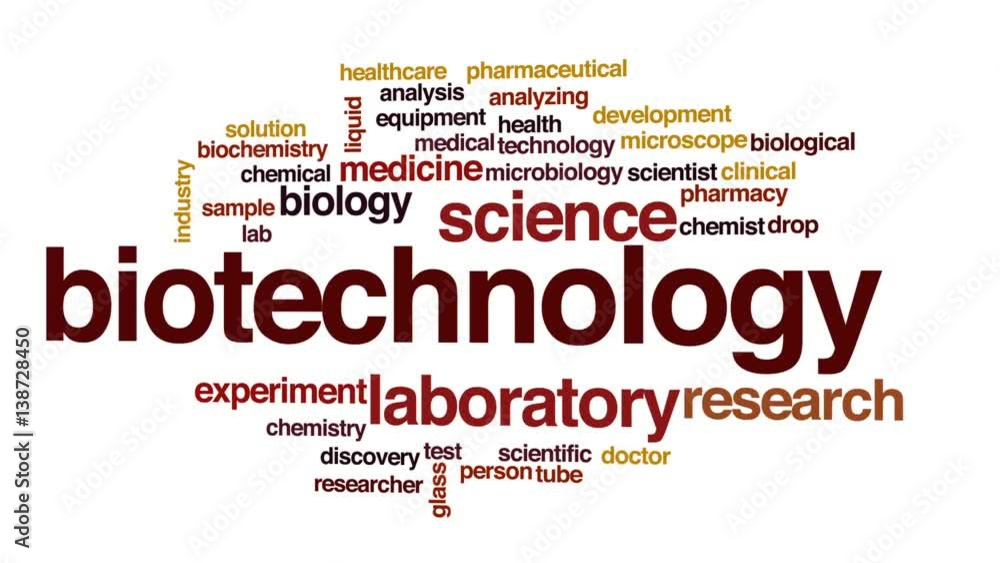 Biotechnology animated word cloud, text design animation. Biotechnology animated word cloud, text design animation.