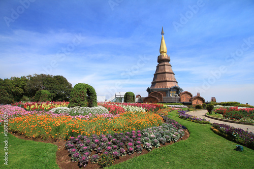Chiangmai famous place the beautiful Pagoda on the top of Inthanon mountain under blue sky  Chiang Mai  Thailand