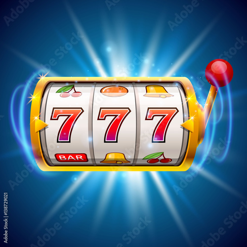 Golden slot machine wins the jackpot. Isolated on blue background.