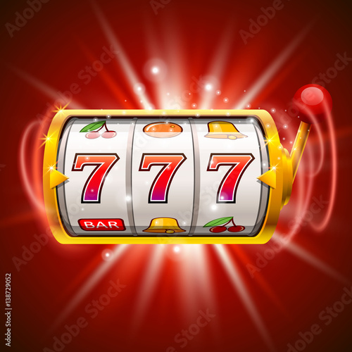 Golden slot machine wins the jackpot. Isolated on red background.