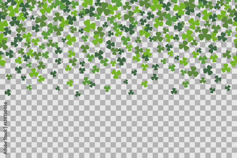 Fototapeta premium Seamless pattern with clover leafs for St Patricks Day celebration on transparent background.