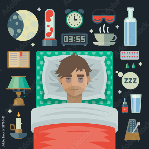 Young man with sleep problem insomnia and items.