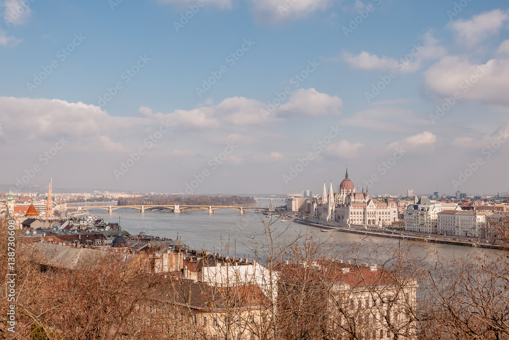 Panoramic overview of Budapest on foreground the Parliament building