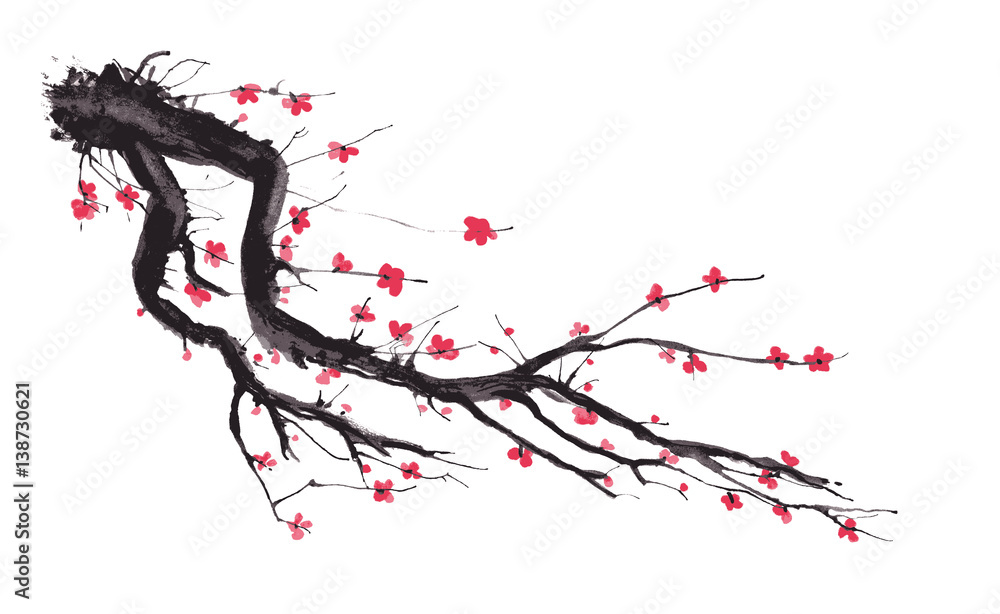 Fototapeta premium Realistic Sakura Blossom - Japanese Cherry Tree. Asian Bloom Plum. Vector