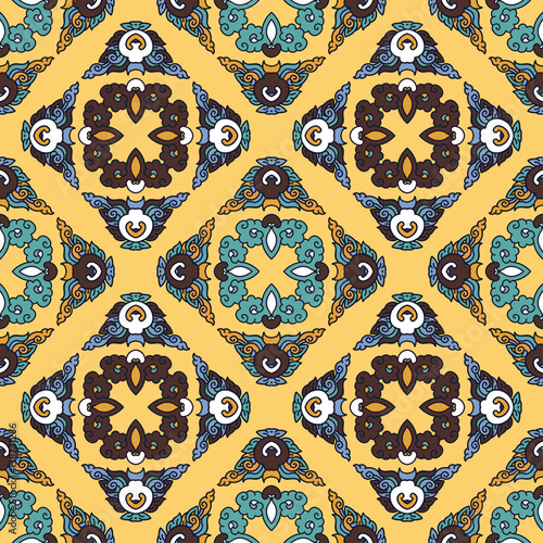 Vector abstract seamless patchwork pattern. Arabic tile texture with geometric and floral ornaments. Decorative elements for textile, book covers, print, gift wrap. Vintage boho style.