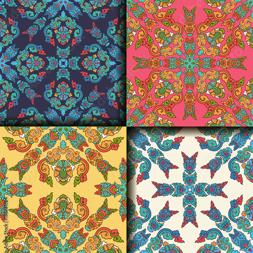 Vector abstract seamless patchwork pattern. Arabic tile texture with geometric and floral ornaments. Decorative elements for textile, book covers, print, gift wrap. Vintage boho style.