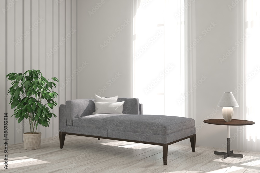 Fototapeta premium White room with modern sofa. Scandinavian interior design